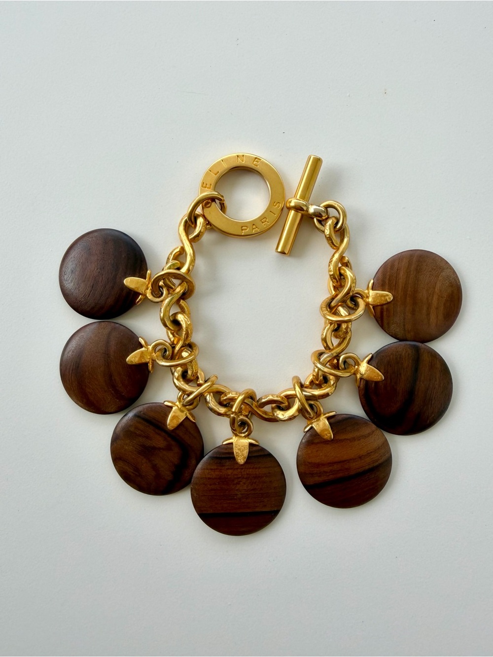 Celine Vintage Gold-Tone Chain Bracelet with Brown Wood Disc Charms - Picture 12 of 13